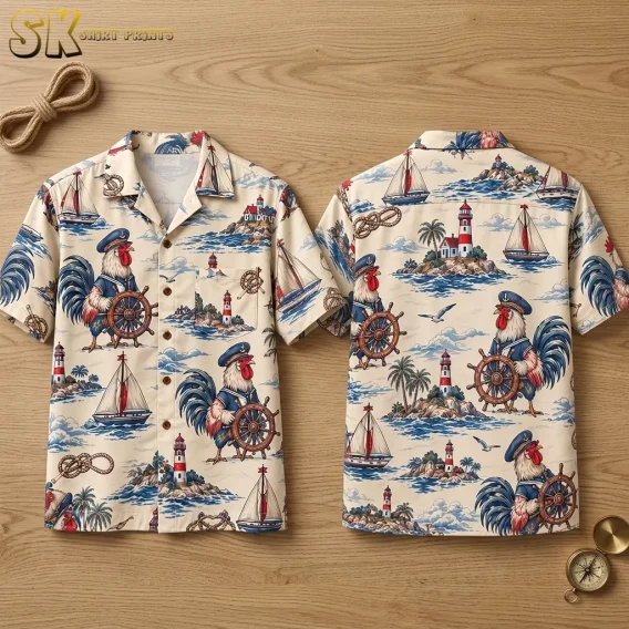 A cream rooster Hawaiian shirt lies front and back on a wooden surface, showing captain roosters, sailboats, and red-and-white lighthouses.