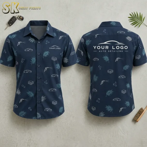 Front and back of a navy blue custom hawaiian shirt with company logo showing car, spray nozzle, sponge, and palm leaf motifs arranged on a light stone surface with car keys and a brush nearby.