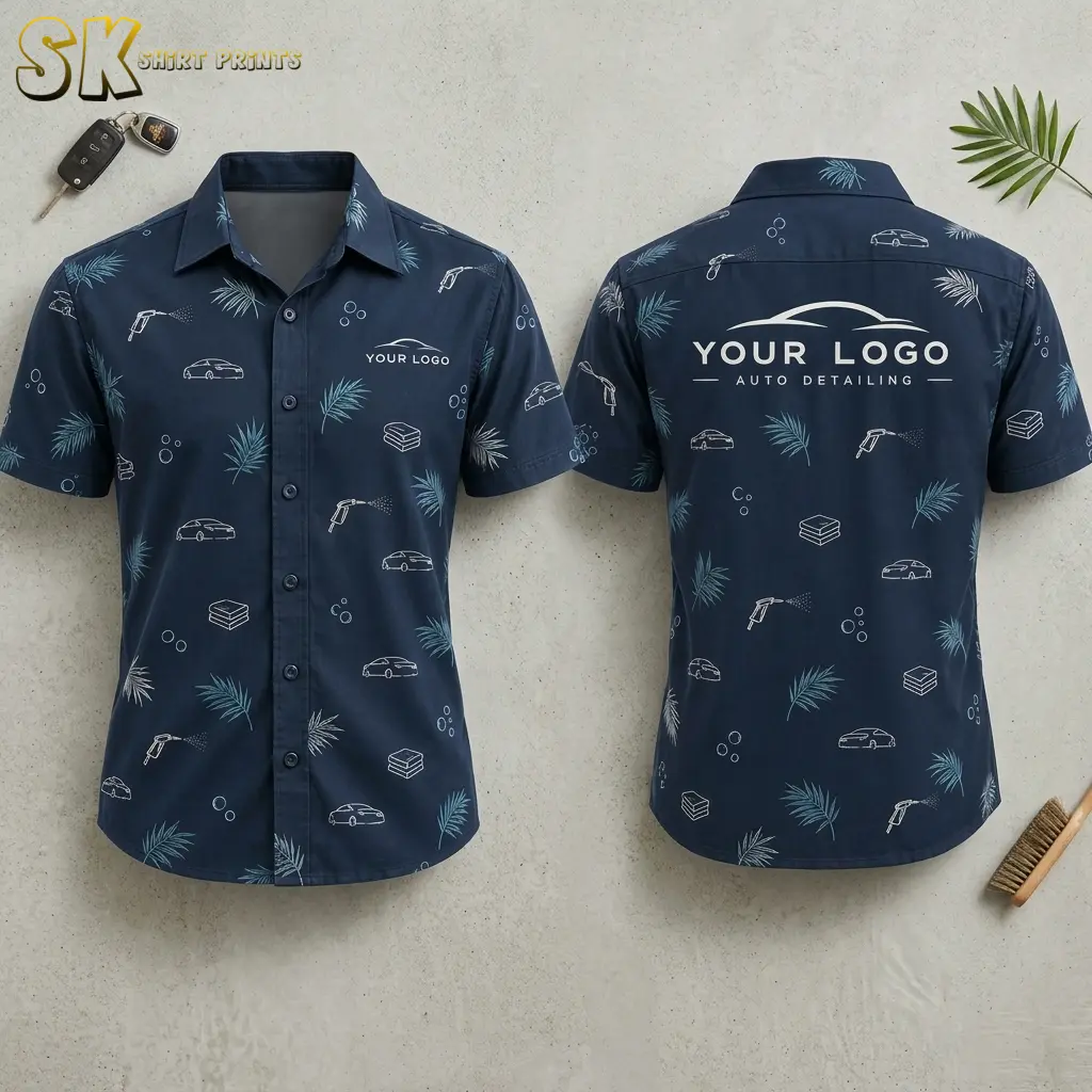 Front and back of a navy blue custom hawaiian shirt with company logo showing car, spray nozzle, sponge, and palm leaf motifs arranged on a light stone surface with car keys and a brush nearby.