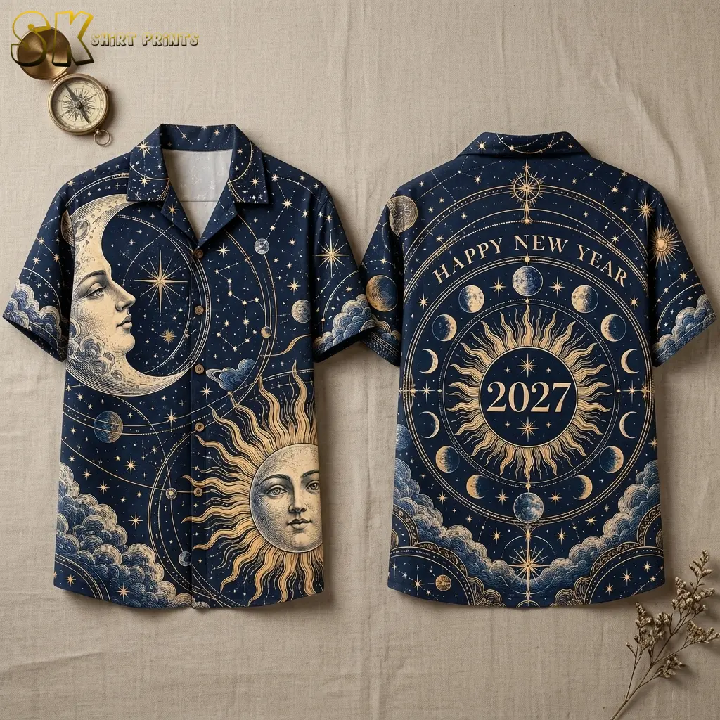 A navy button-up shirt lies front and back on a beige surface, showing celestial artwork and “HAPPY NEW YEAR” above 2027.