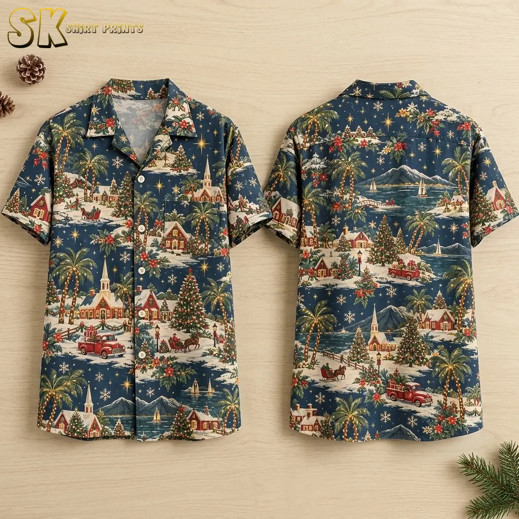 Front and back of a men's christmas hawaiian shirt laid flat, showing an all-over navy blue pattern of snow-covered village scenes, decorated Christmas trees, palm trees, horse-drawn sleighs, and a red vintage truck.