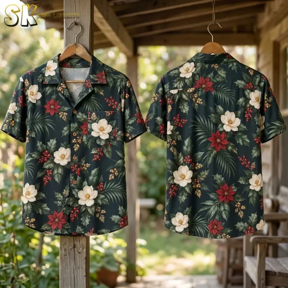 Front and back of a hawaiian christmas shirt mens style hang on wooden hangers from a porch post, set against blurred garden greenery, with poinsettias prominent on the back panel.