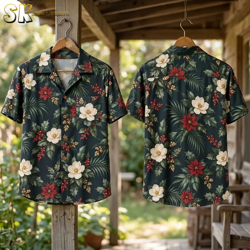 Front and back of a hawaiian christmas shirt mens style hang on wooden hangers from a porch post, set against blurred garden greenery, with poinsettias prominent on the back panel.
