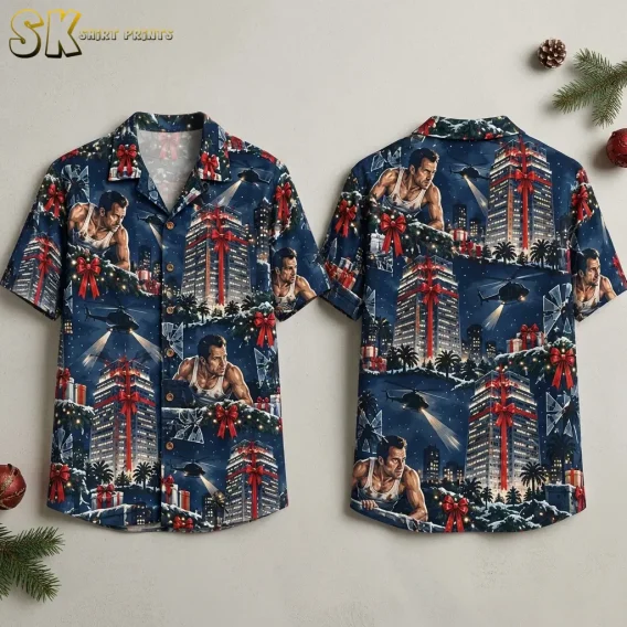 Front and back of a navy Christmas themed Hawaiian shirt laid side by side, featuring skyscrapers wrapped in red bows.