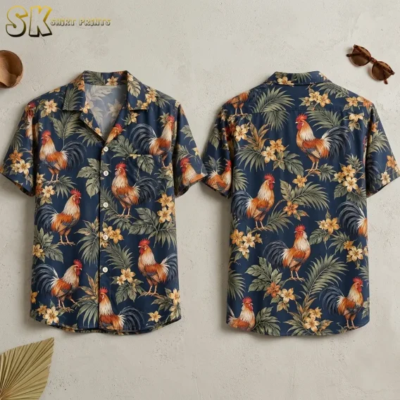 Front and back of a navy rooster Hawaiian shirt displayed side by side on a light surface with sunglasses nearby.