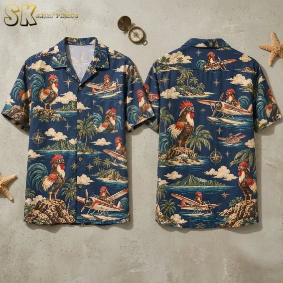 A navy rooster Hawaiian shirt is displayed front and back on a gray surface beside a compass and starfish.