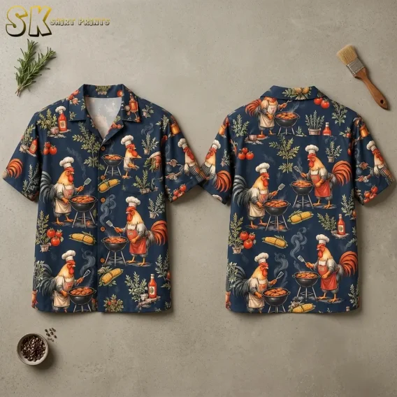 Front and back of a navy rooster Hawaiian shirt laid flat, with chef roosters tending barbecue grills across both sides.