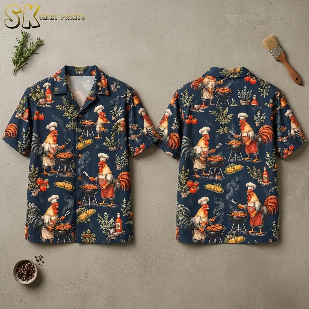 Front and back of a navy rooster Hawaiian shirt laid flat, with chef roosters tending barbecue grills across both sides.