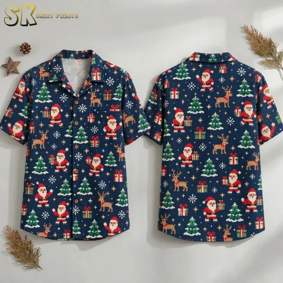 Front and back of a navy Christmas Santa Hawaiian shirt displayed against a light background with pinecones and wooden stars.