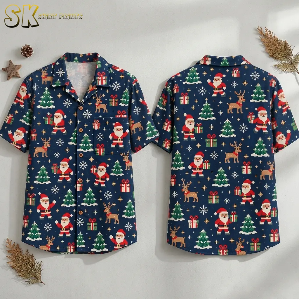 Front and back of a navy Christmas Santa Hawaiian shirt displayed against a light background with pinecones and wooden stars.