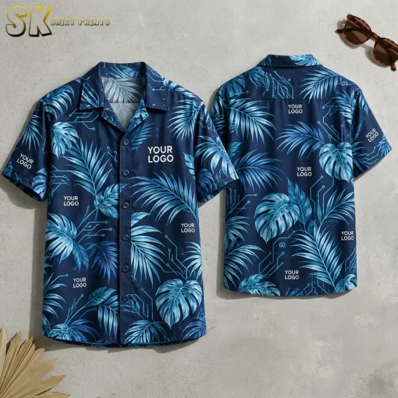Front and back views of a navy button-up camp-collar shirt displayed flat, showing large monstera and palm-frond print with subtle circuit-board lines and multiple 'YOUR LOGO' placements across the chest, sleeves, and back.