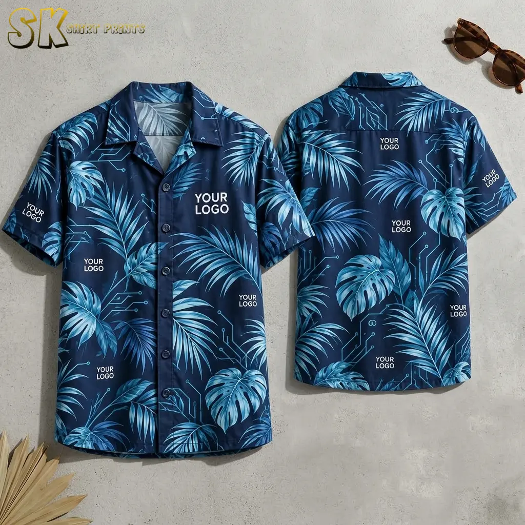 Front and back views of a navy button-up camp-collar shirt displayed flat, showing large monstera and palm-frond print with subtle circuit-board lines and multiple 'YOUR LOGO' placements across the chest, sleeves, and back.