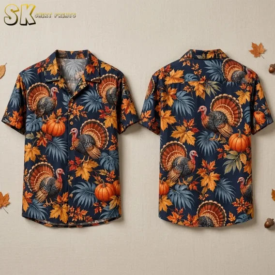 Front and back of a navy short-sleeve shirt with large turkeys, orange pumpkins, and autumn leaves against a beige background.