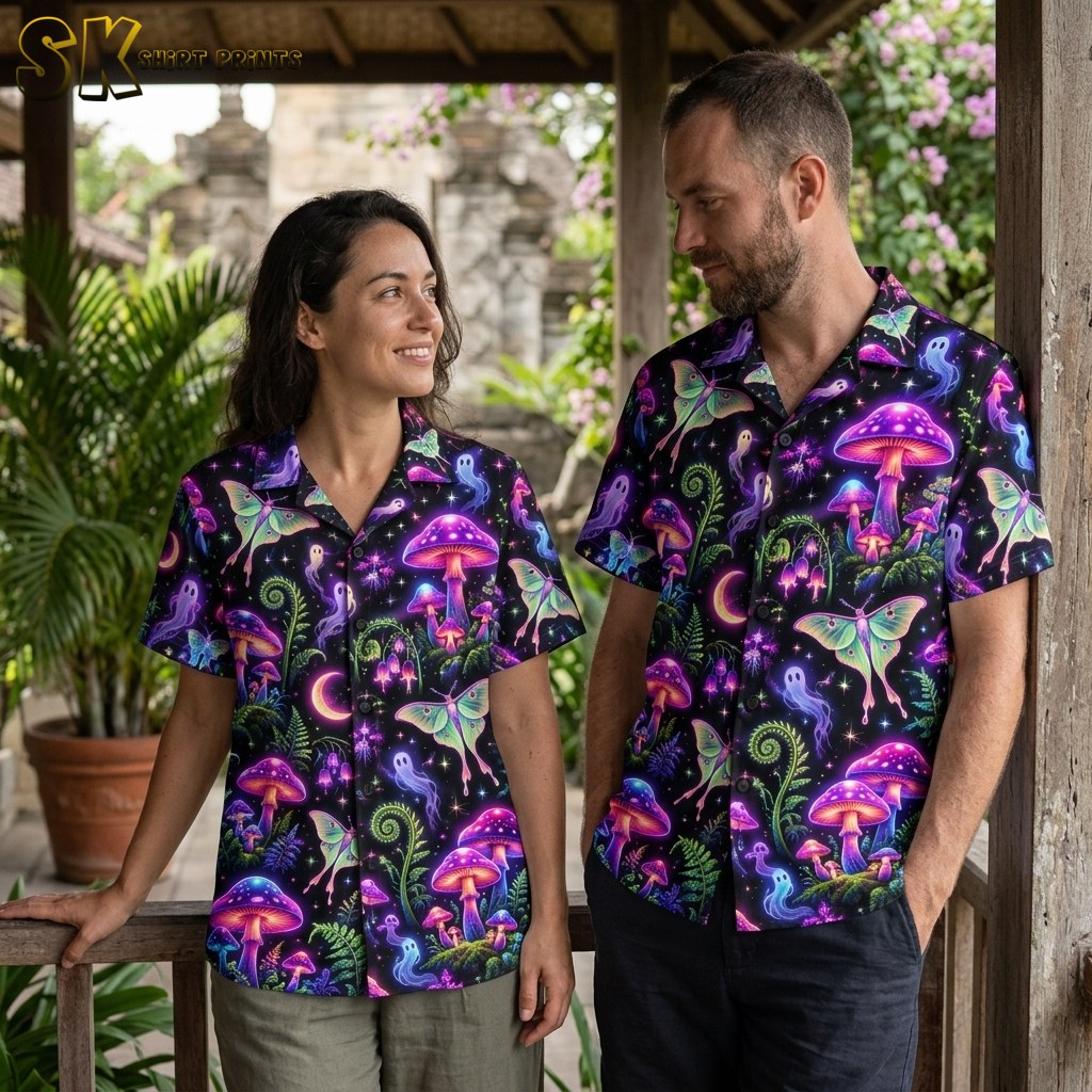 A couple wearing matching black short-sleeve button-up shirts printed with neon glowing mushrooms, moths, and ghost-like shapes.