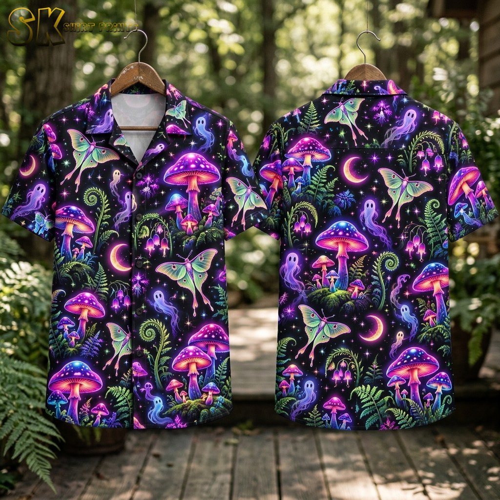 Flat-lay front and back views of a black short-sleeve button-up shirt showing glowing mushrooms, moths, small purple bell-shaped flowers, spiral fern fronds, and crescent moons across the entire surface.