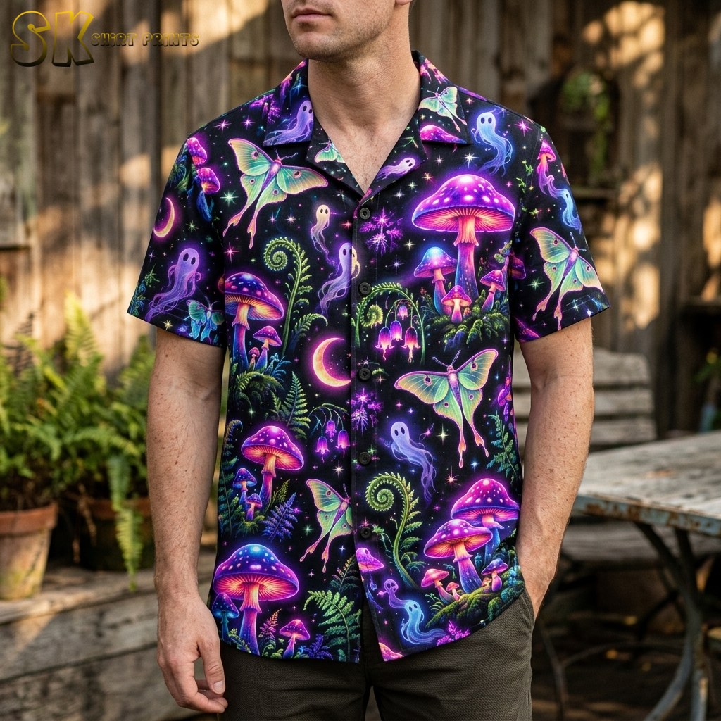 A man wearing a black short-sleeve button-up shirt featuring glowing neon mushrooms and moths in a dense all-over pattern.