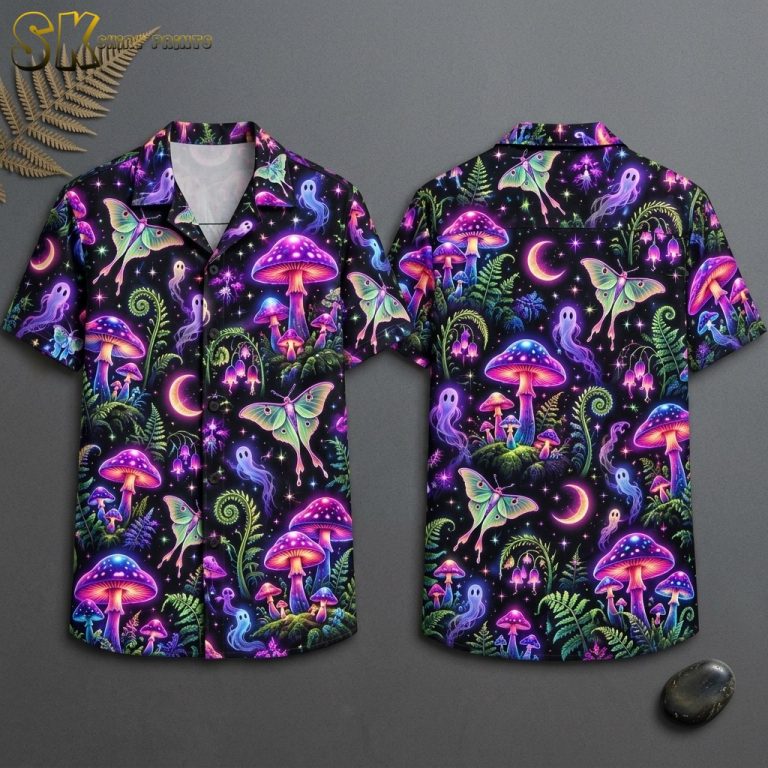 Glowing Mushroom & Moth Halloween Hawaiian Shirt – Neon Fantasy Night Forest