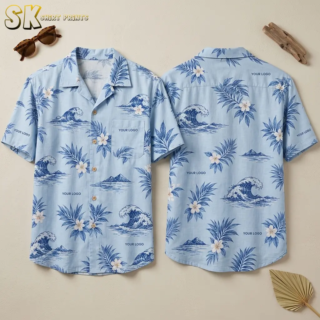 Front and back of a light blue custom Hawaiian shirt with company logo placeholders shown flat on a neutral surface, featuring repeating blue ocean wave, coastal mountain, palm leaf, and white flower motifs with wood-tone buttons.