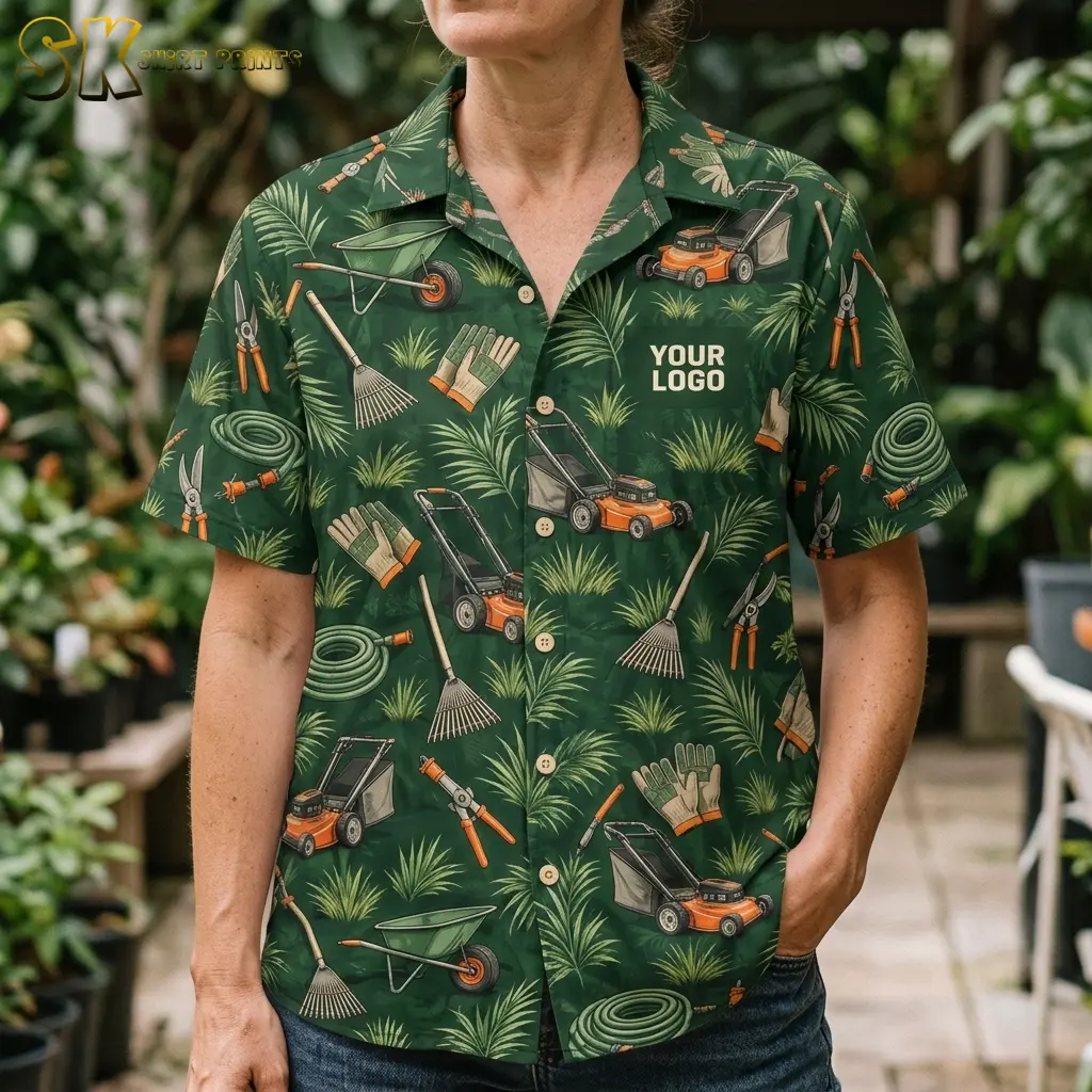 An older woman wearing a dark green logo Hawaiian shirt stands among potted plants, with orange-handled pruning shears, rakes, and lawn mower motifs visible across the chest and shoulders.