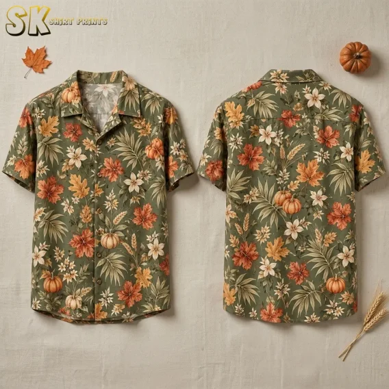 An olive green Thanksgiving button up shirt is laid out front and back on a beige surface, showing pumpkins and colorful fall leaves.