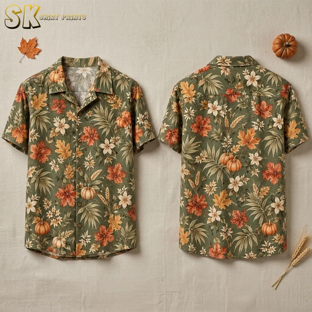 An olive green Thanksgiving button up shirt is laid out front and back on a beige surface, showing pumpkins and colorful fall leaves.