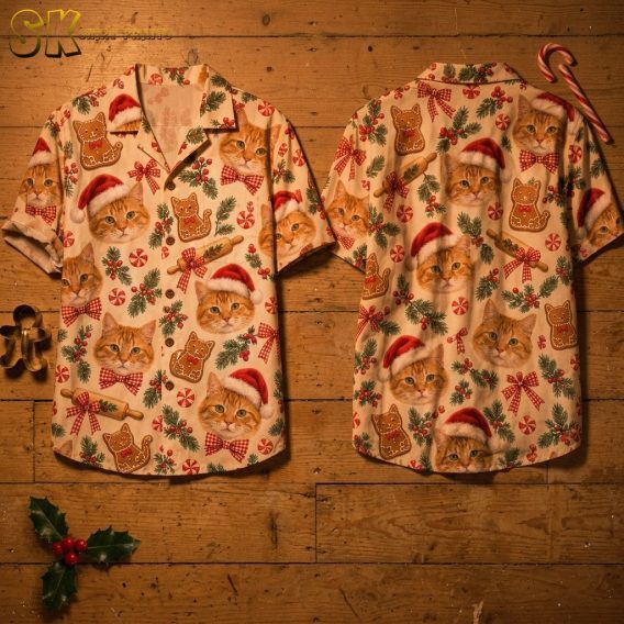 Front and back of a men's Hawaiian Christmas shirt laid flat on a wooden surface, showing the all-over pattern of realistic ginger cat faces in Santa hats, gingerbread cat cookies, peppermint candies, and red gingham bows on a beige background.