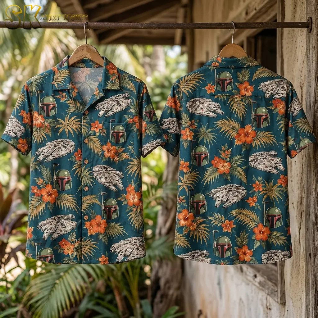 Front and back of the star wars hawaiian button up shirt hang side by side on wooden hangers outdoors, with tropical trees visible behind them and the full repeating print clearly shown on both sides.