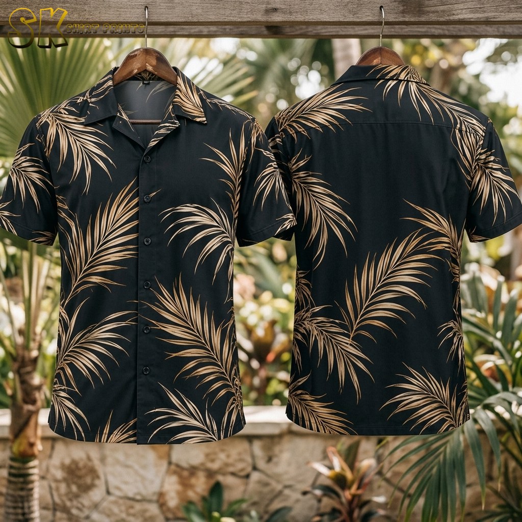 Two versions of the black palm frond short-sleeve shirt hang on wooden hangers outdoors, showing the front button placket on the left and the plain back panel on the right, with tropical greenery behind them.