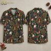 Front and back hanger view of a dark green short-sleeve button-up shirt covered in an all-over pattern of realistic bald eagles, Christmas bells with red bows, star-and-stripe baubles, pine branches, and circular badges reading 250 YEARS 1776-2026.