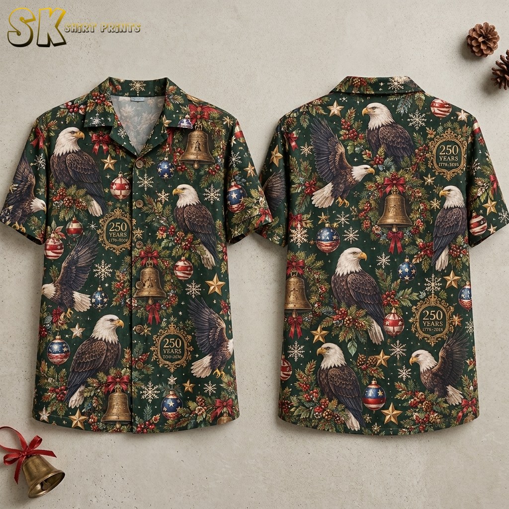 Patriotic Eagle Christmas Hawaiian Shirt – 250 Years 1776-2026 Holiday Aloha Shirt