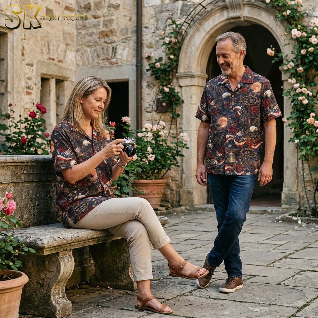 A couple wearing matching or coordinated versions of the dark camp collar shirt, featuring the all-over bald eagle, bat, and American flag pattern.