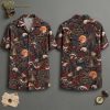 Front and back hanger views of a short-sleeve button-up camp collar shirt with an all-over dark pattern featuring bald eagles, Liberty Bells, American flags, flying bats, red roses, and gold ornate frames reading '250 Years 1776–2025' and '1776–2026'.