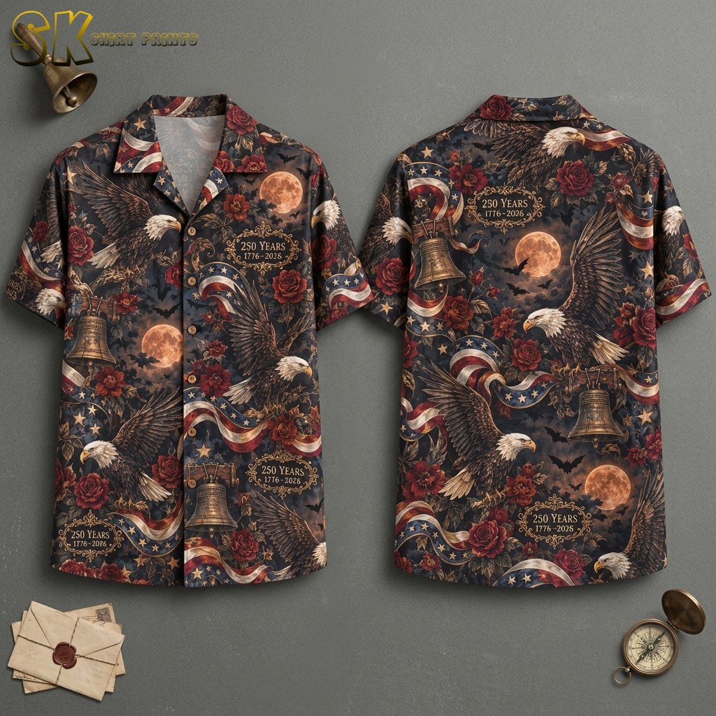 Patriotic Halloween Hawaiian Shirt – Bald Eagles, Liberty Bells & Flying Bats 250 Years Design