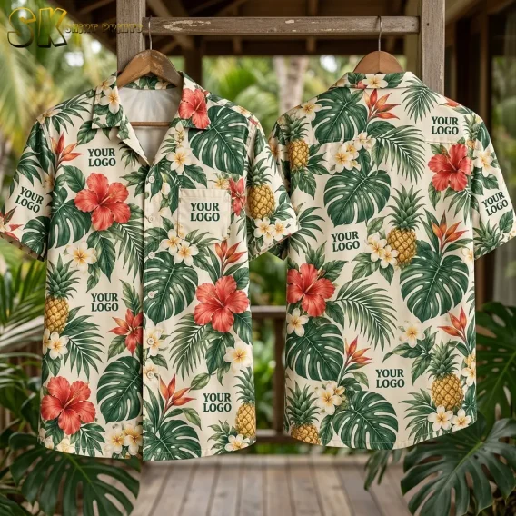 Two company logo Hawaiian shirts hang side by side on a rustic timber rack outdoors, showing the front and back of the cream tropical print with pineapples, hibiscus, and repeated logo text.