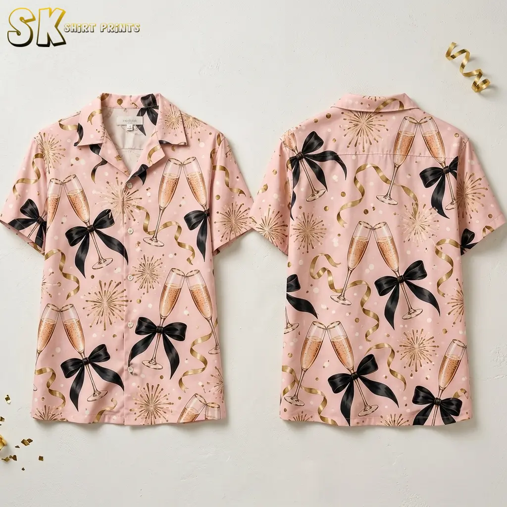 Front and back of a pink short-sleeve shirt displayed against a light background, with champagne flute and black bow prints.