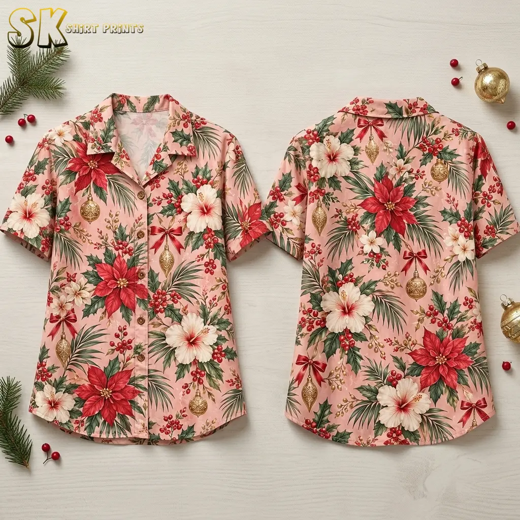 A pink Christmas-themed Hawaiian shirt is laid out front and back beside evergreen sprigs, red berries, and gold ornaments.