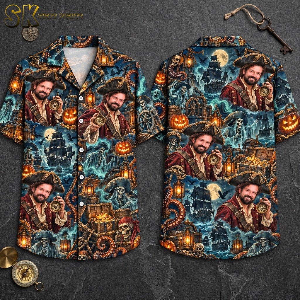 Front and back hanger view of a dark blue short-sleeve button-up shirt printed with a repeated portrait of a bearded pirate holding a compass, a pirate ship under a full moon, ghostly figures, skulls in pirate hats, jack-o'-lanterns, and flying bats.
