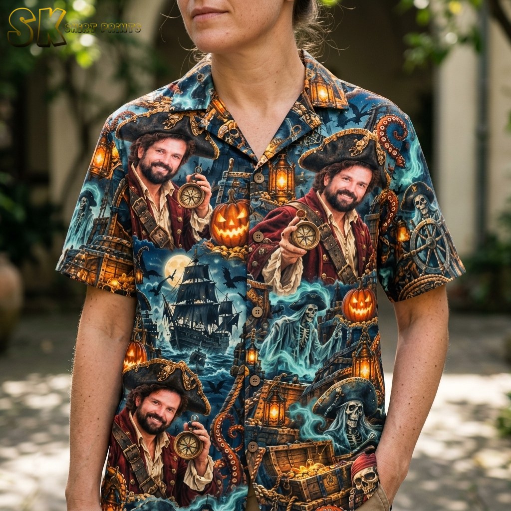A close-up view on a woman showing the shirt's printed detail, including the bearded pirate portrait holding a compass, glowing lanterns, and skull motifs against the dark blue fabric.