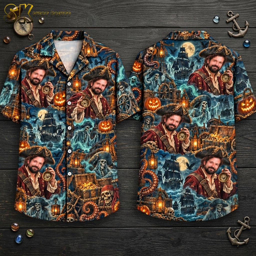 Front and back views of a halloween hawaiian shirt hung flat, showing a dense all-over print of a bearded pirate man holding a compass, glowing jack-o'-lanterns, skeleton pirates, and stormy ship scenes on a dark teal background.