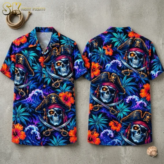 Front and back of a dark blue Hawaiian shirt laid flat, featuring pirate skulls, crossed swords, orange flowers, and curling waves.