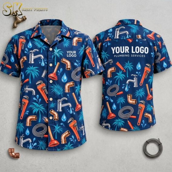 Front and back hanger views of a navy custom hawaiian shirts with company logo showing pipe wrenches, copper elbows, and faucets, with 'YOUR LOGO' printed on the front pocket and large on the back above 'PLUMBING SERVICES'.