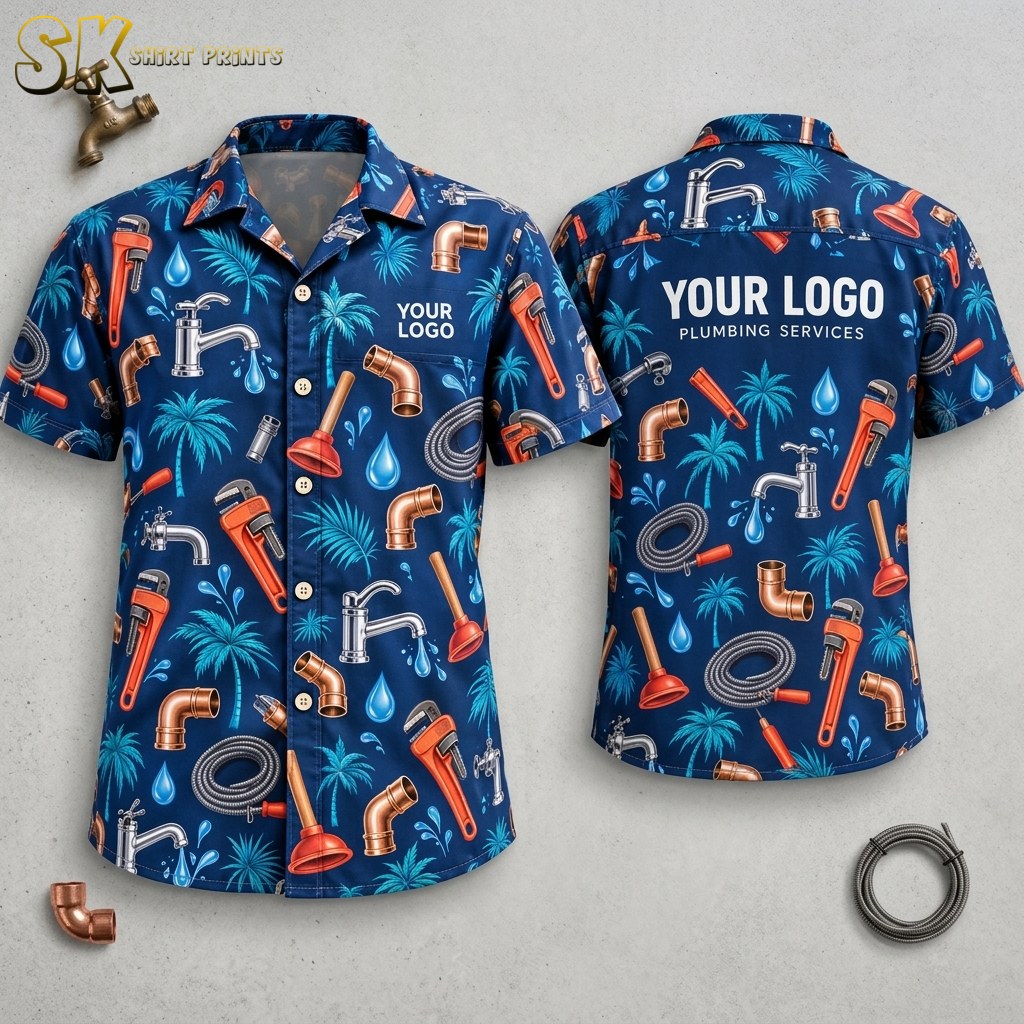 Front and back hanger views of a navy custom hawaiian shirts with company logo showing pipe wrenches, copper elbows, and faucets, with 'YOUR LOGO' printed on the front pocket and large on the back above 'PLUMBING SERVICES'.
