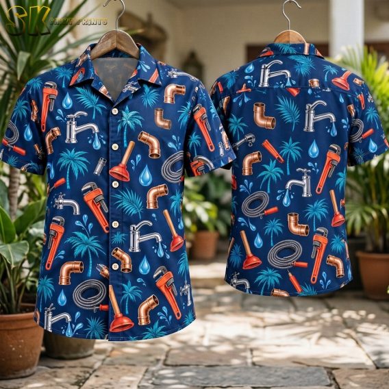 Front and back views of the navy plumbing-print shirt hang on wooden hangers in a sunlit courtyard with potted plants, showing the full pattern without a logo on either side.