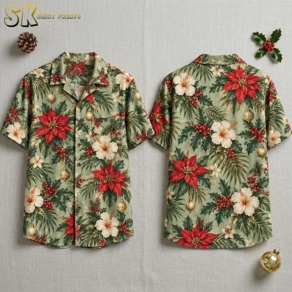 A Christmas Hawaiian shirt is laid out front and back on a light gray surface, showing red poinsettias and cream hibiscus.