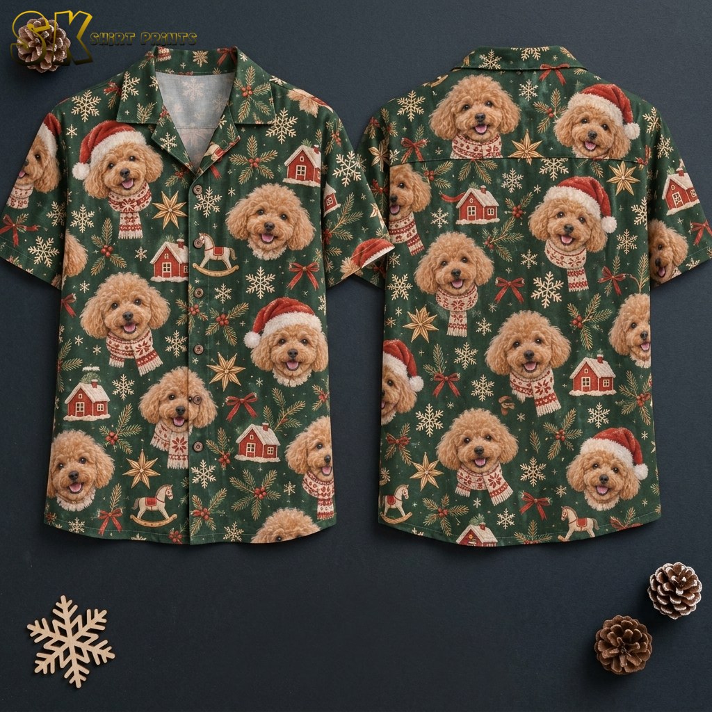 Front and back hanger views of a christmas hawaiian shirt printed with smiling poodle faces wearing Santa hats and scarves, red cottages, rocking horses, gold stars, and snowflakes on a dark green base.