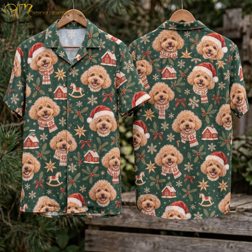 Front and back flat-lay views of a hawaiian christmas shirt mens style hang against a natural pine backdrop, showing the all-over pattern of dog faces, rocking horses, red houses, and snowflakes on green.