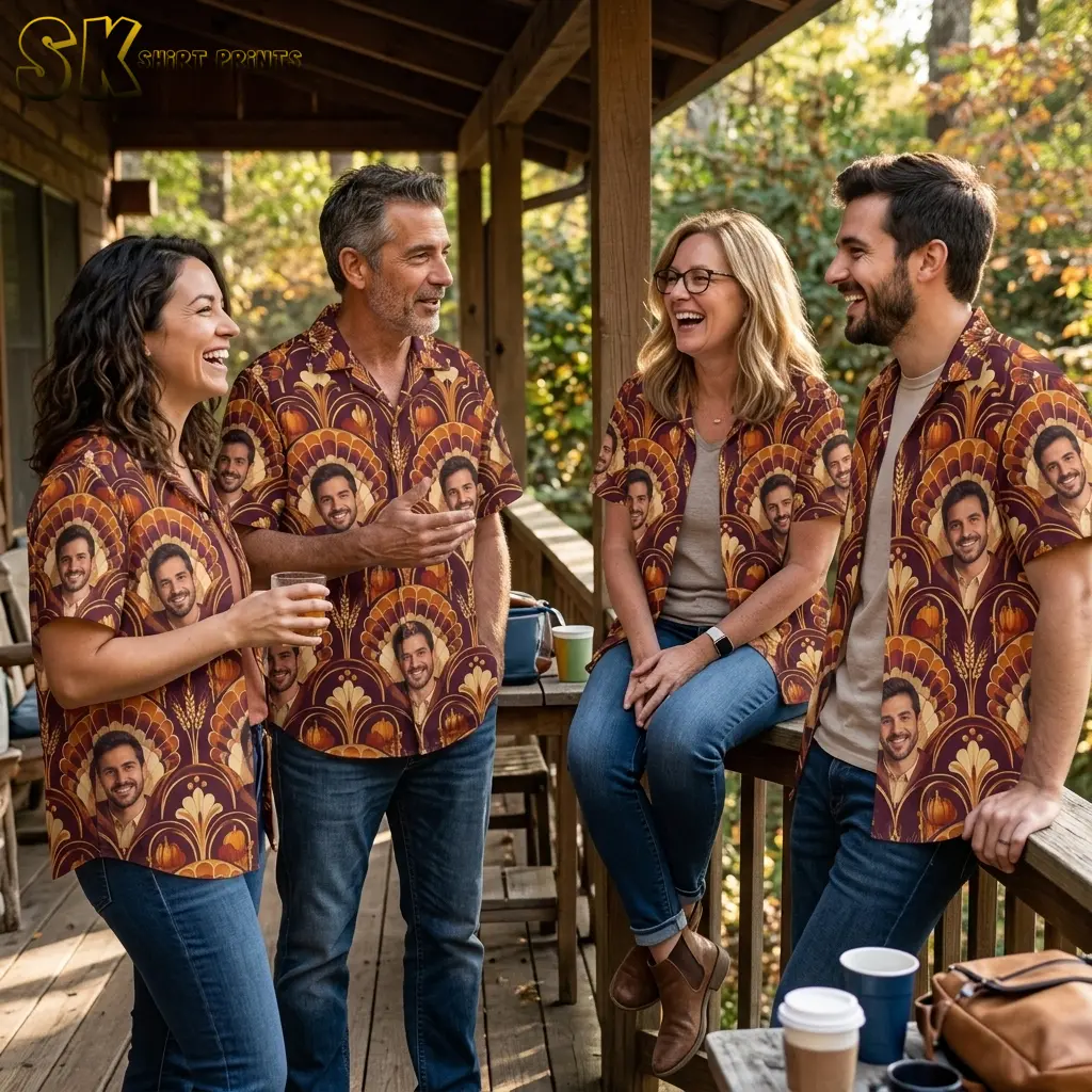 Four adults smile together on a covered wooden porch, wearing matching burgundy shirts with portrait and pumpkin prints.