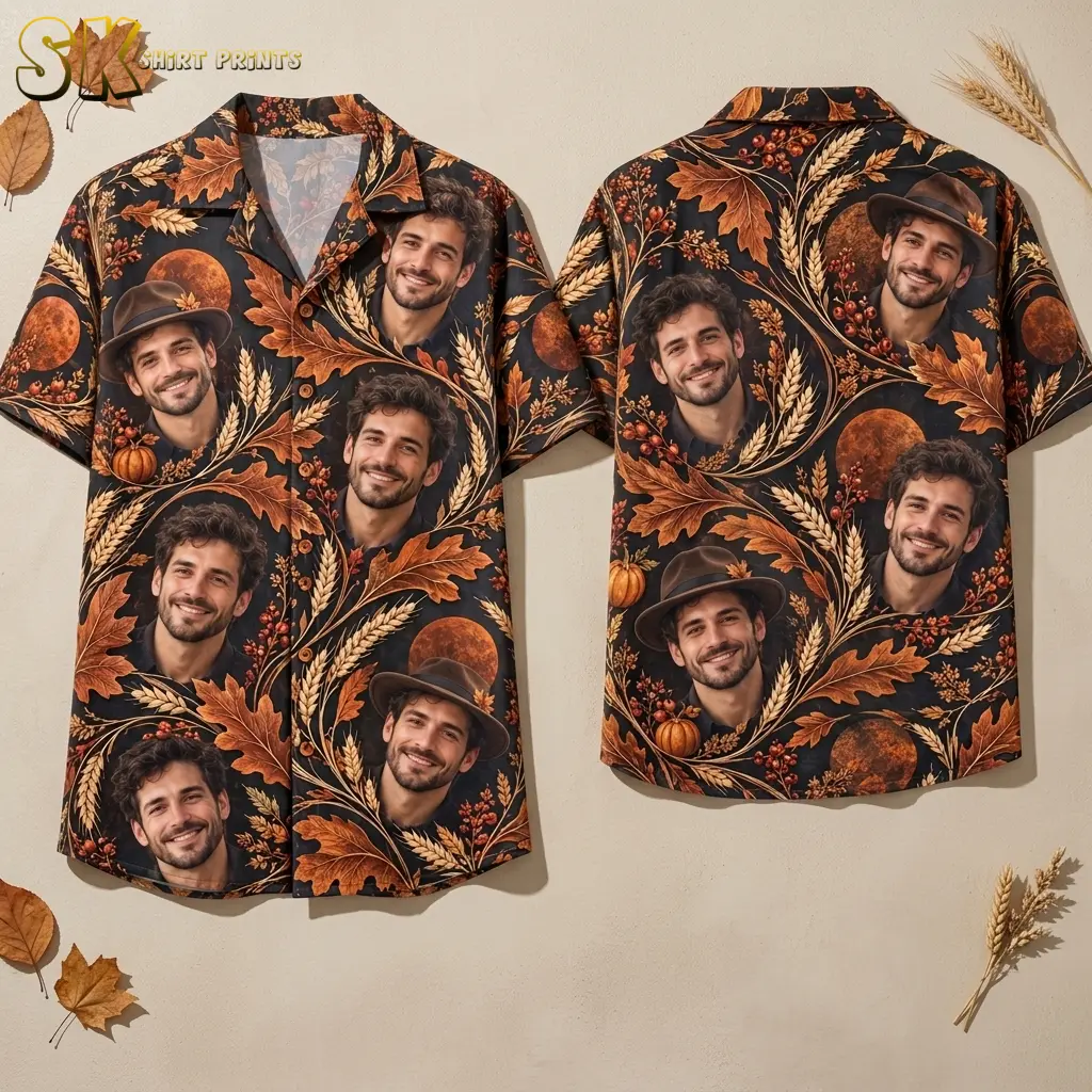 Front and back of a black short-sleeve shirt displayed against beige, with smiling portraits, orange leaves, and wheat.
