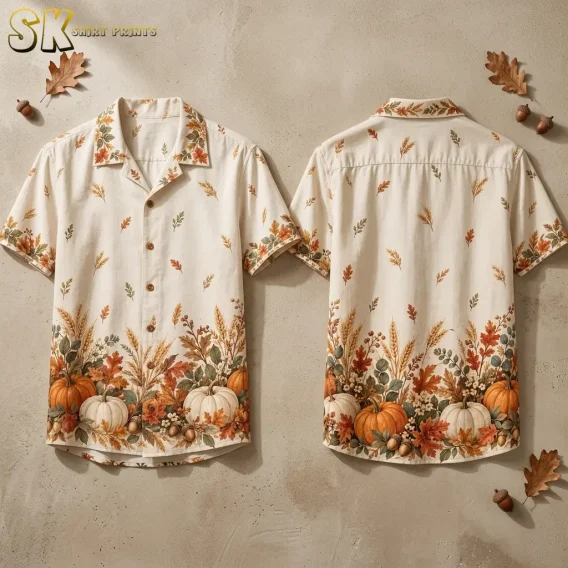 Front and back of a cream short-sleeve shirt with orange and white pumpkins along the hem, arranged on a beige surface.