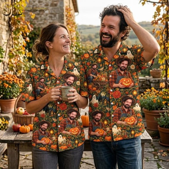 A couple shown together, at least one wearing the dark green halloween aloha shirt printed with a pumpkin-carrying man, glowing lanterns, and autumn leaves.